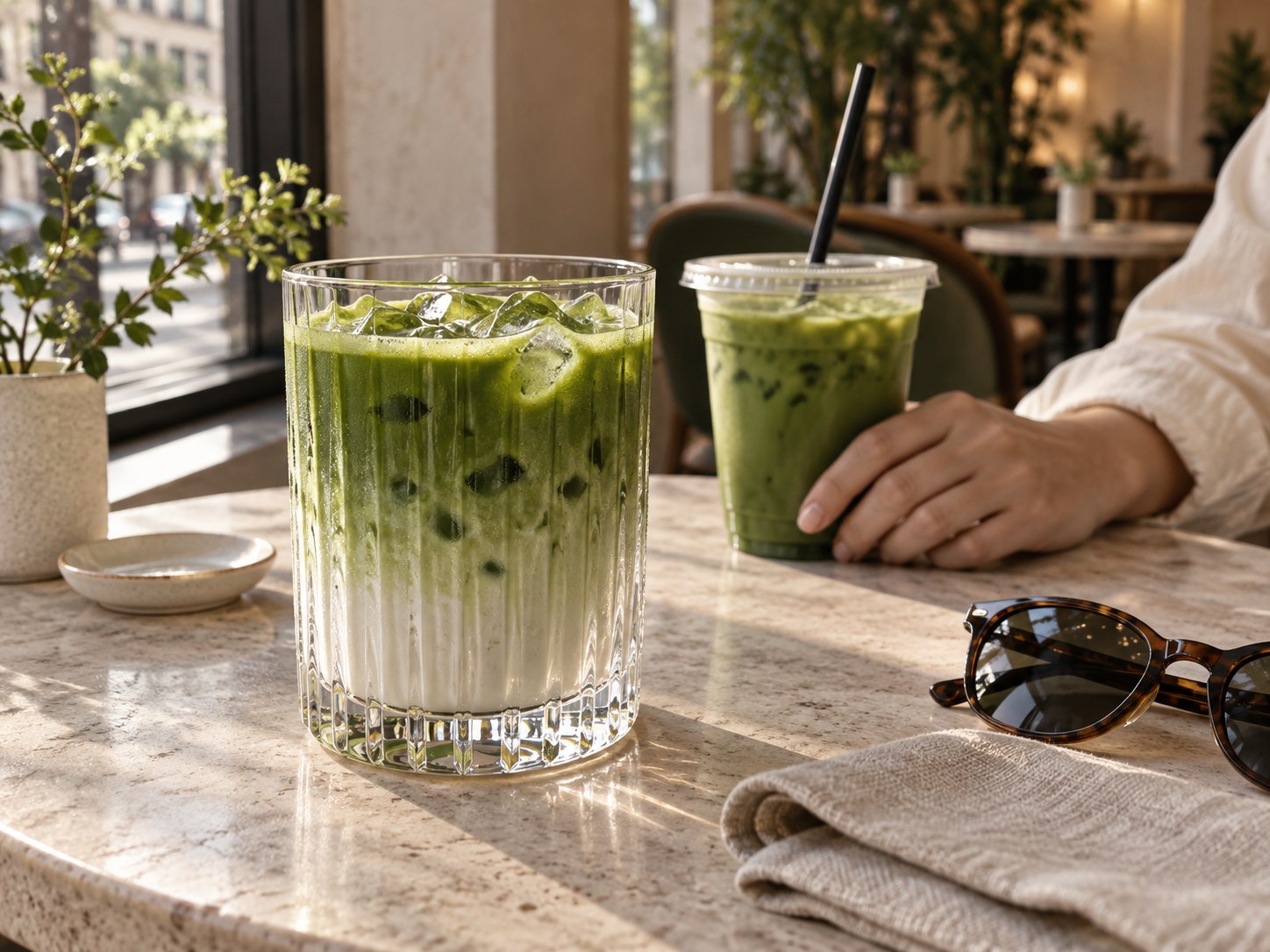 窓辺のカフェで、クリスタルグラスの抹茶ラテと持ち歩き用の緑のドリンクを楽しむイメージ