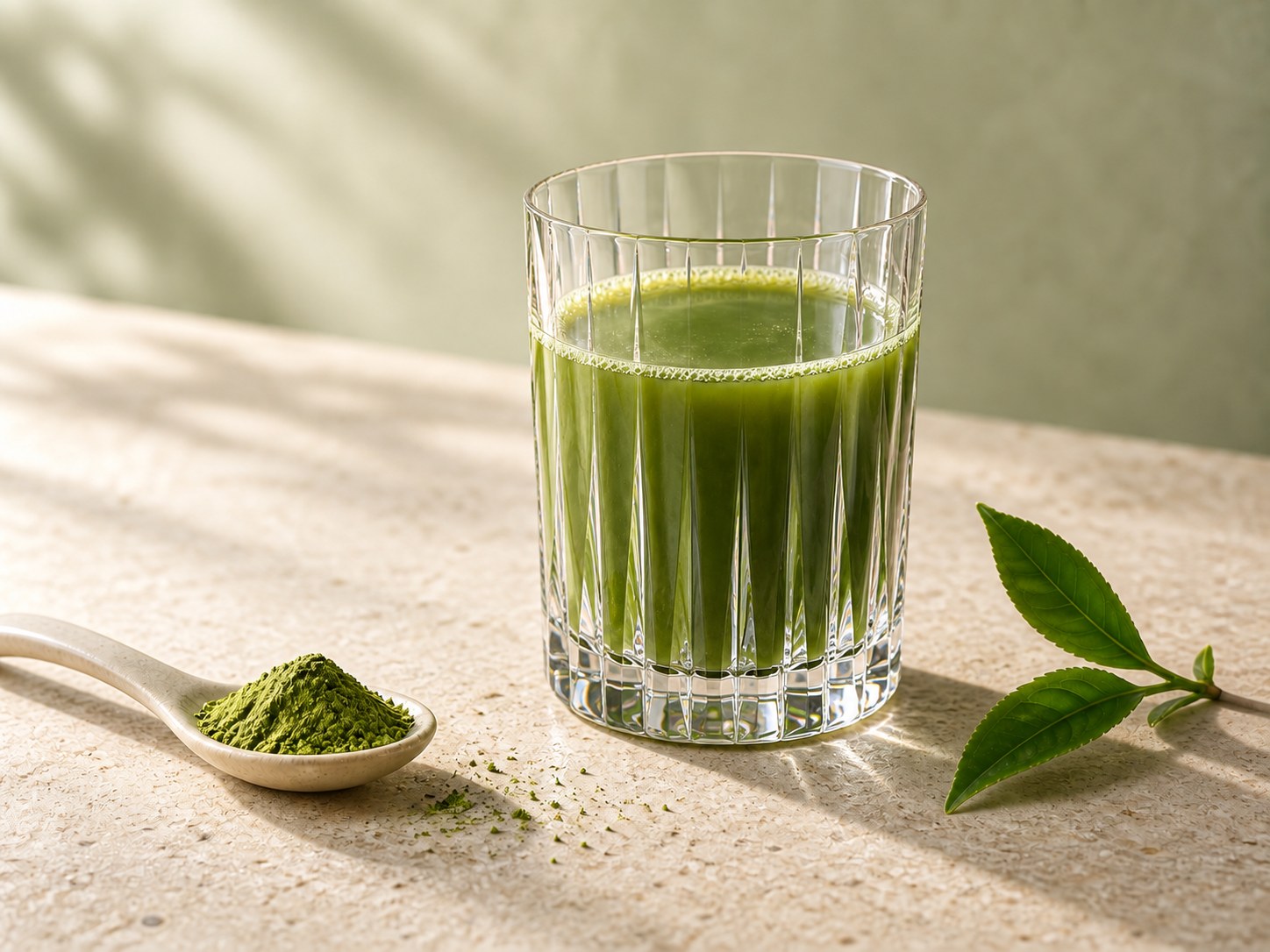 クリスタルグラスに注いだ、水で楽しむ抹茶グリーンズ